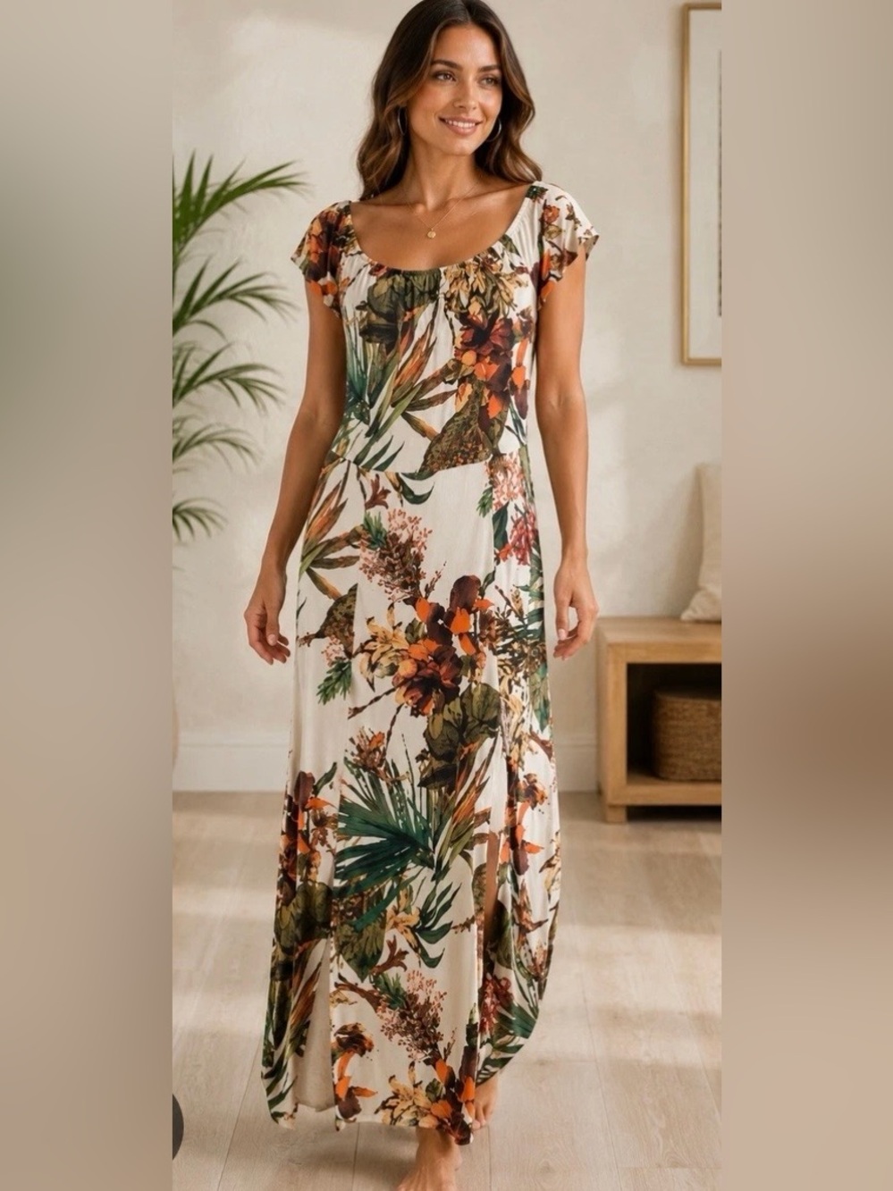 Lascana for Venus off-the-shoulder ivory floral tropical maxi dress size Large